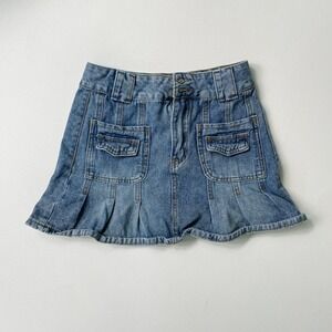 ROMWE Denim Mini Skirt‎ Y2K Low Rise Flared Pleated Pockets Blue Size S